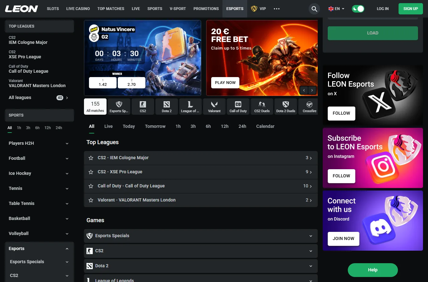 Esports betting screen of the leonbet interface