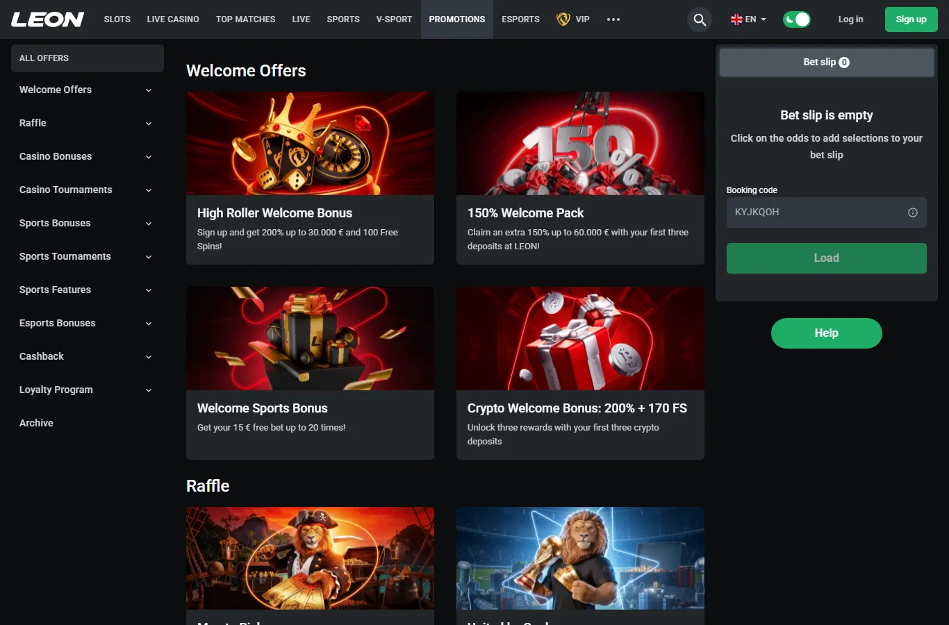Promotions screen with welcome offers