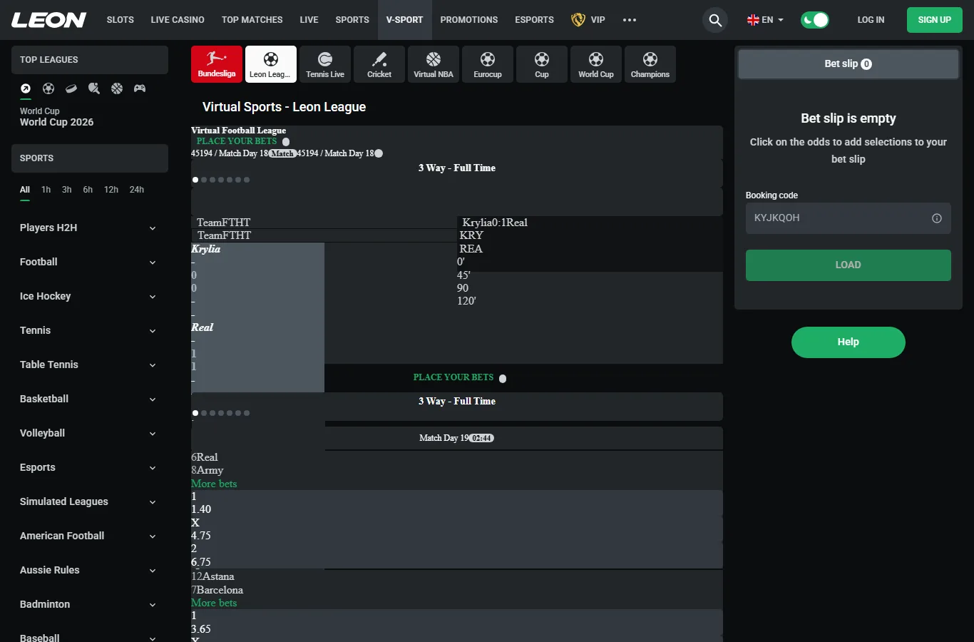 Virtual sports screen with a bet slip